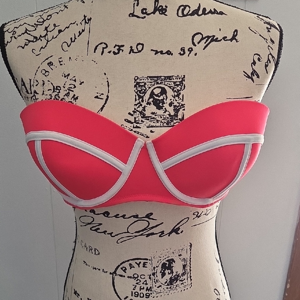 Victoria's Secret The Flirt Bandeau Bikini Top 36D Hot Pink White Colorblock